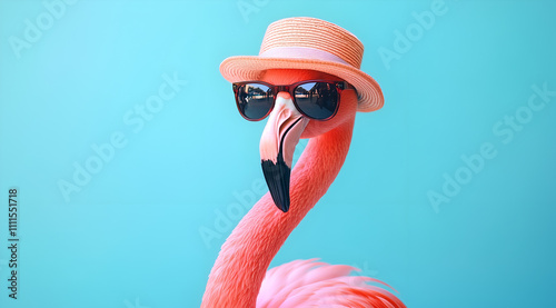 cute pink flamingo wearing sunglasses and a hat, against a pastel blue background photo