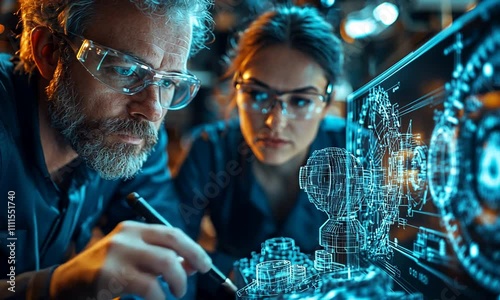 Two engineers examining a holographic 3D model in a lab.