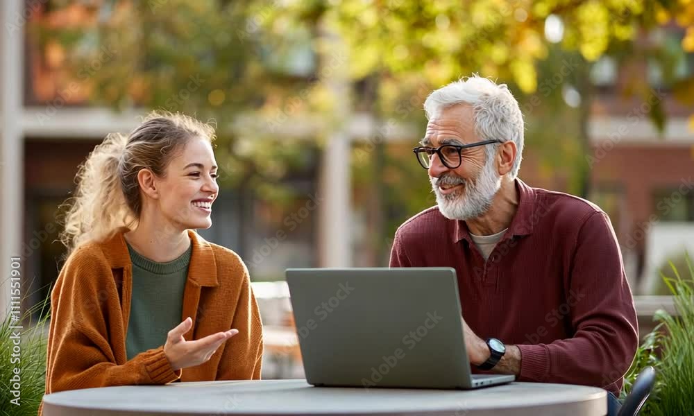 Two Generations Bonding Over Technology Outdoors Two Generations Bonding Over Technology Outdoors
