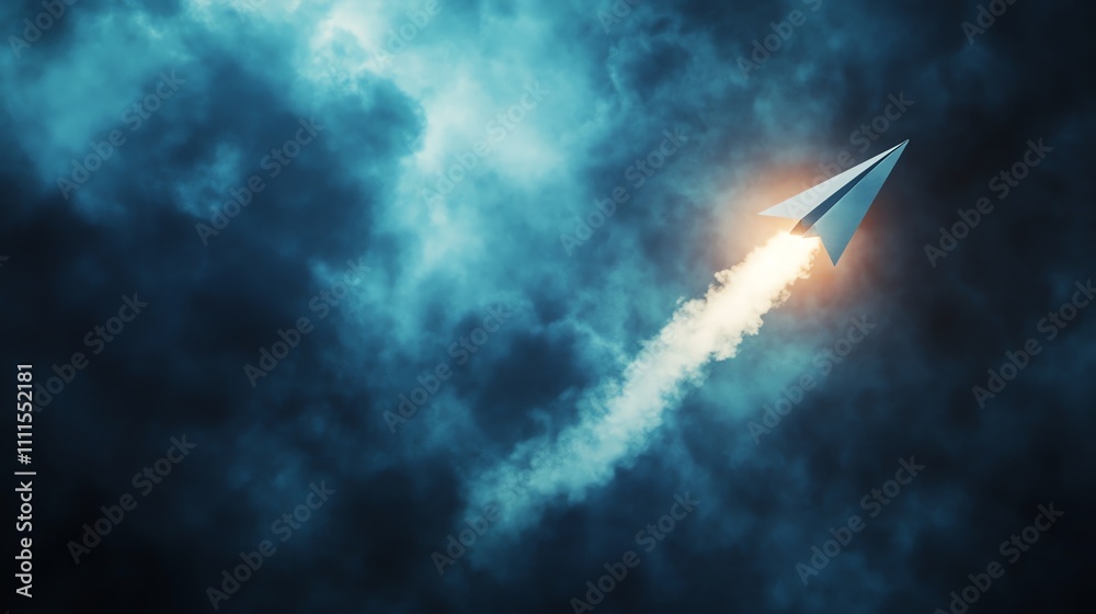 A paper airplane flies through a dark, stormy sky, leaving a trail of smoke.