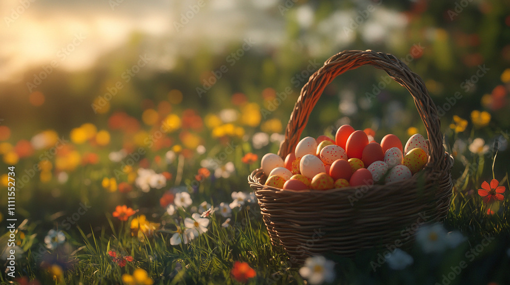 Colorful Easter eggs in a basket surrounded by blooming flowers during sunset Colorful Easter eggs in a basket surrounded by blooming flowers during sunset
