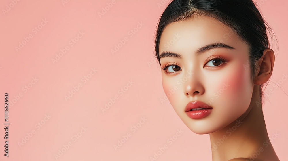 A young woman with soft makeup and glowing skin looks at the camera. A young woman with soft makeup and glowing skin looks at the camera.