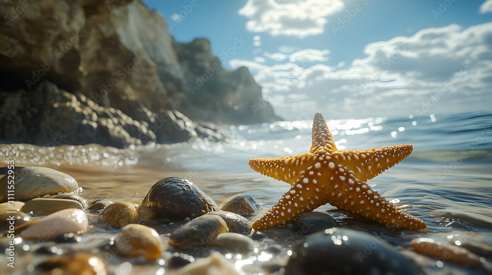 beautiful starfish on the beach, with rocks and sand in the background, sea stars crawling along rocky shores, clear water and sunlight beautiful starfish on the beach, with rocks and sand in the background, sea stars crawling along rocky shores, clear water and sunlight