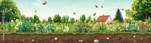 Illustration of regenerative agriculture with diverse crops in fertile soil, featuring beneficial insects and wildlife, promoting ecological balance and sustainability photo