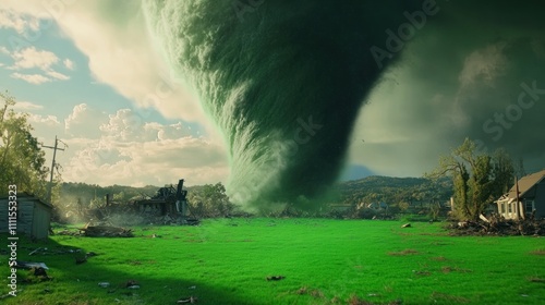 Dramatic Tornado Descending Over Devastated Landscape with Green Grass and Destroyed Homes Under Dark Stormy Clouds