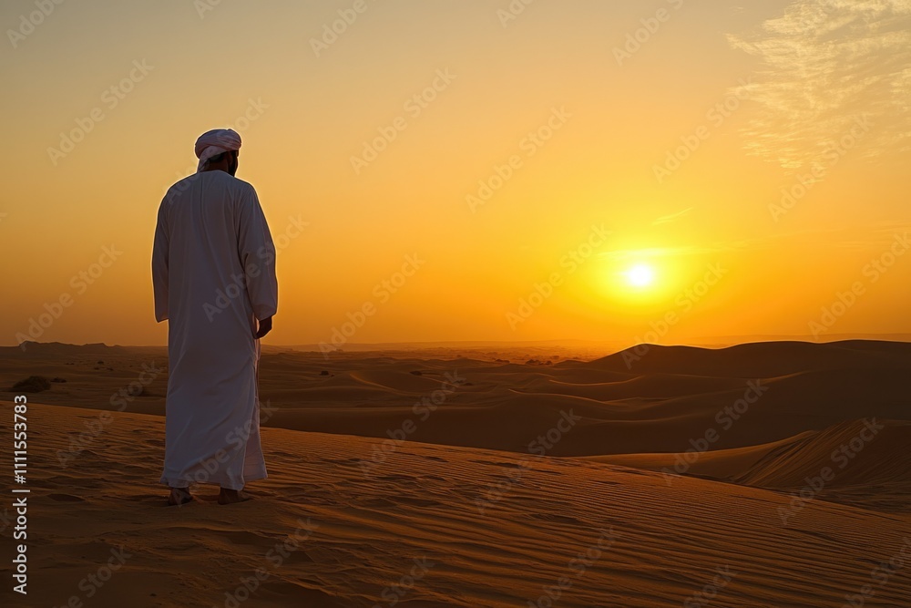Man in traditional attire admires sunset over desert sand dunes. Man in traditional attire admires sunset over desert sand dunes.