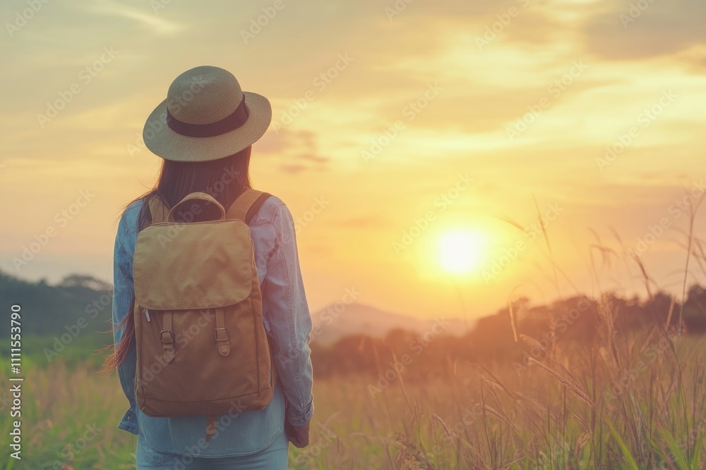 A woman with a backpack watches the sunset over a grassy field. A woman with a backpack watches the sunset over a grassy field.