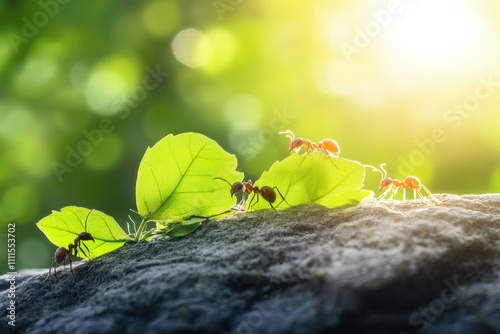 Red ants cooperatively carry a green leaf in a sunlit natural setting.