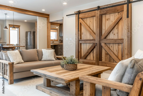 Comfortable woodaccented living room with a sturdy wooden sofa set armchairs and a large coffee table A fullsize wooden barn door creates a perfect farmhouse touch on the white background photo