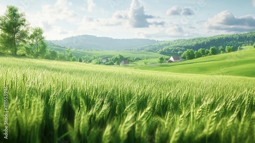 Lush Green Fields Under a Bright Blue Sky with Soft Clouds and Rolling Hills in a Rural Landscape, Capturing the Essence of Nature's Beauty and Tranquility