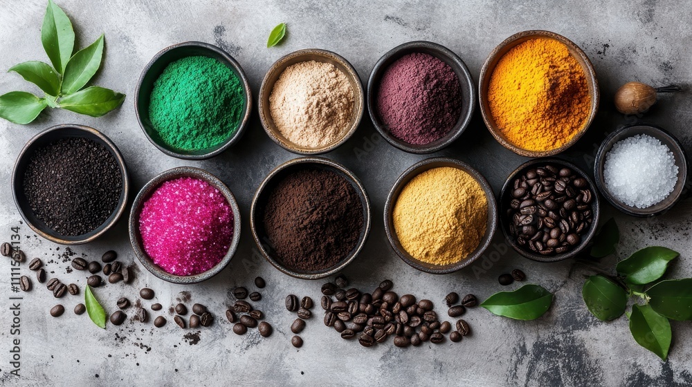 Vibrant Spices and Coffee on Rustic Table Vibrant Spices and Coffee on Rustic Table