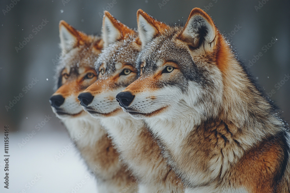 Fototapeta premium Three Wolves Stand Together In Snowy Winter