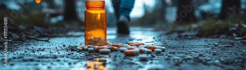 A broken pill bottle with pills scattered on the ground, while a person walks forward into a brighter future, symbolizing the journey of recovery from opioid addiction photo