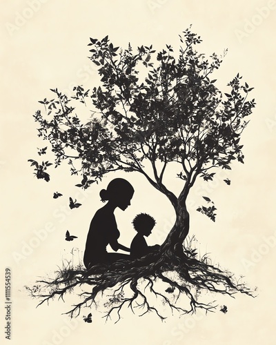 A mother and child silhouette surrounded by a growing tree, symbolizing the natural bond, growth, and deeprooted connection between family and nature photo