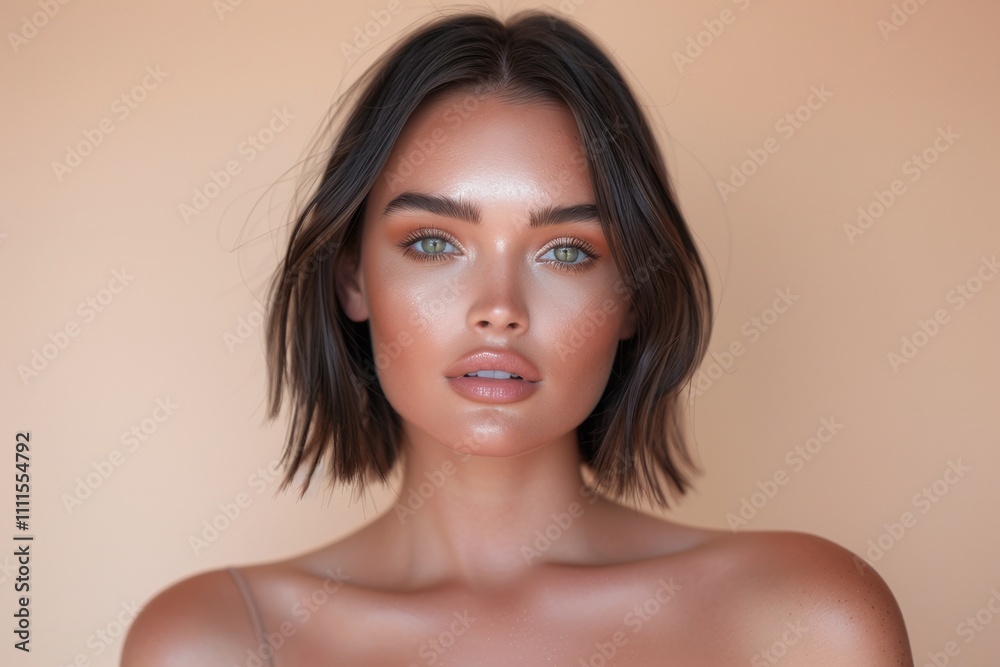 Close-up portrait of brunette woman with short hairstyle, glowing skin, natural makeup, peach background, radiant beauty, minimalistic composition, studio lighting, modern aesthetic
Close-up portrait of brunette woman with short hairstyle, glowing skin, natural makeup, peach background, radiant beauty, minimalistic composition, studio lighting, modern aesthetic
