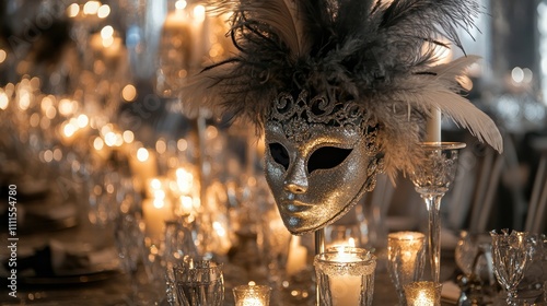 Masked New Yeara??s decorations with cascading silver fabrics, feather centerpieces, and candlelit ambiance photo