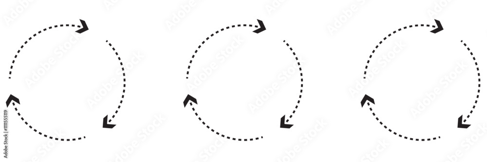 Circle arrow icon set. Symbol of reload, refresh, loading, recycle and repeat. Interconnecting round arrow vector icons set. Work in progress sign. One, two, three, four, five, six arrow in the loop. Circle arrow icon set. Symbol of reload, refresh, loading, recycle and repeat. Interconnecting round arrow vector icons set. Work in progress sign. One, two, three, four, five, six arrow in the loop.