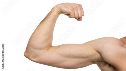 muscular man flexing bicep, showing off strength and fitness photo