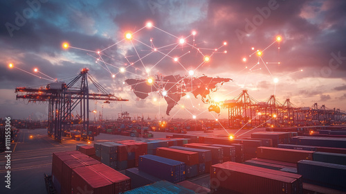 Global shipping network with containers and cranes at sunset photo