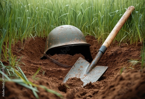 Military Helmet and Shovel in Soil. photo