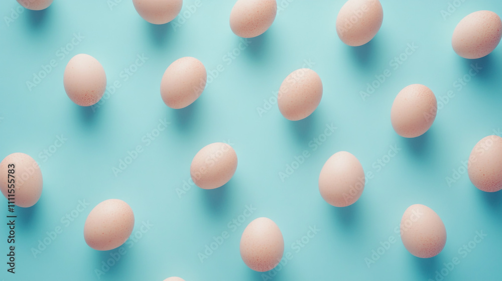 Fresh eggs scattered on a light blue surface create a minimalist aesthetic Fresh eggs scattered on a light blue surface create a minimalist aesthetic