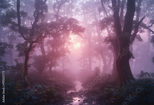 Misty Forest Path at Sunrise.