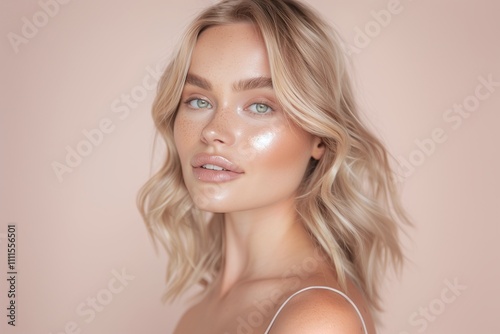 Blonde woman with wavy hair, glowing skin, soft peach tones, radiant natural makeup, close-up portrait, minimalistic beauty, studio lighting, serene and youthful expression