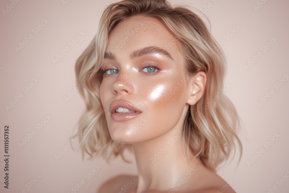 Close-up portrait of blonde woman with glowing skin, natural makeup, glossy finish, peach background, minimalistic composition, modern beauty, youthful radiance, professional aesthetic
Close-up portrait of blonde woman with glowing skin, natural makeup, glossy finish, peach background, minimalistic composition, modern beauty, youthful radiance, professional aesthetic