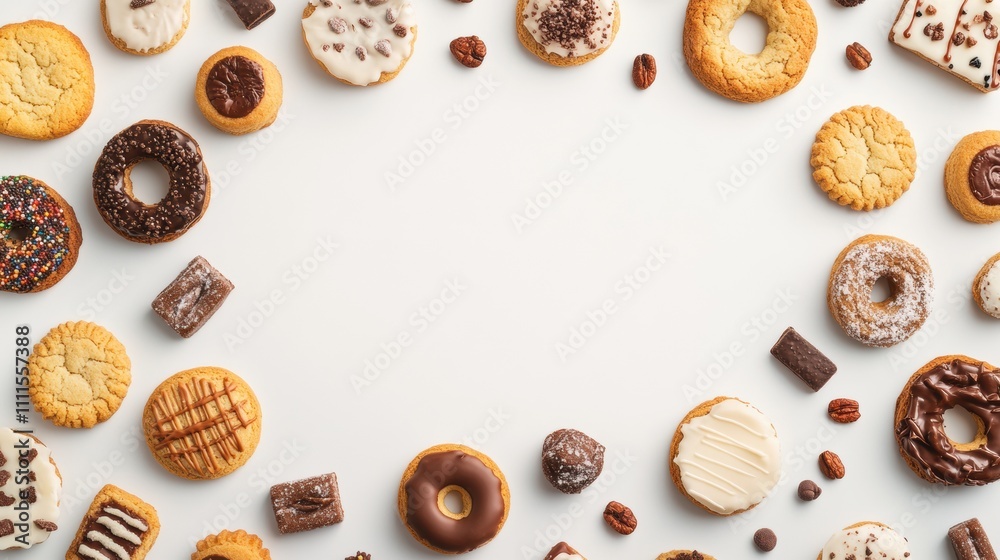 A colorful collection of cookies and sweets features various shapes and flavors, elegantly displayed on a clean white background for customization. Generative AI