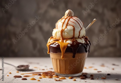 colorful ice cream sundae with hot fudge and caramel sauce , colorful sundae, dessert photo