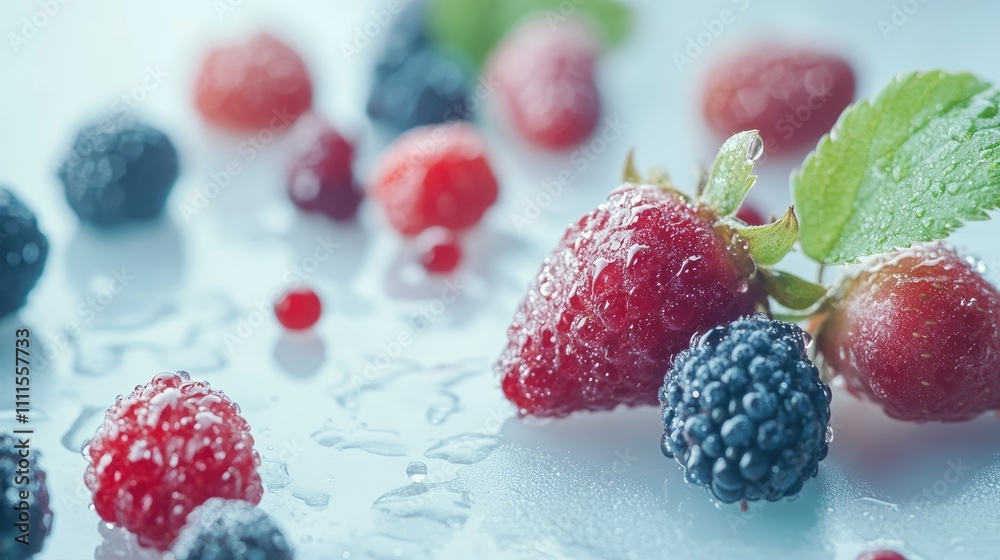 A vibrant assortment of fresh berries with water droplets on a light surface. A vibrant assortment of fresh berries with water droplets on a light surface.