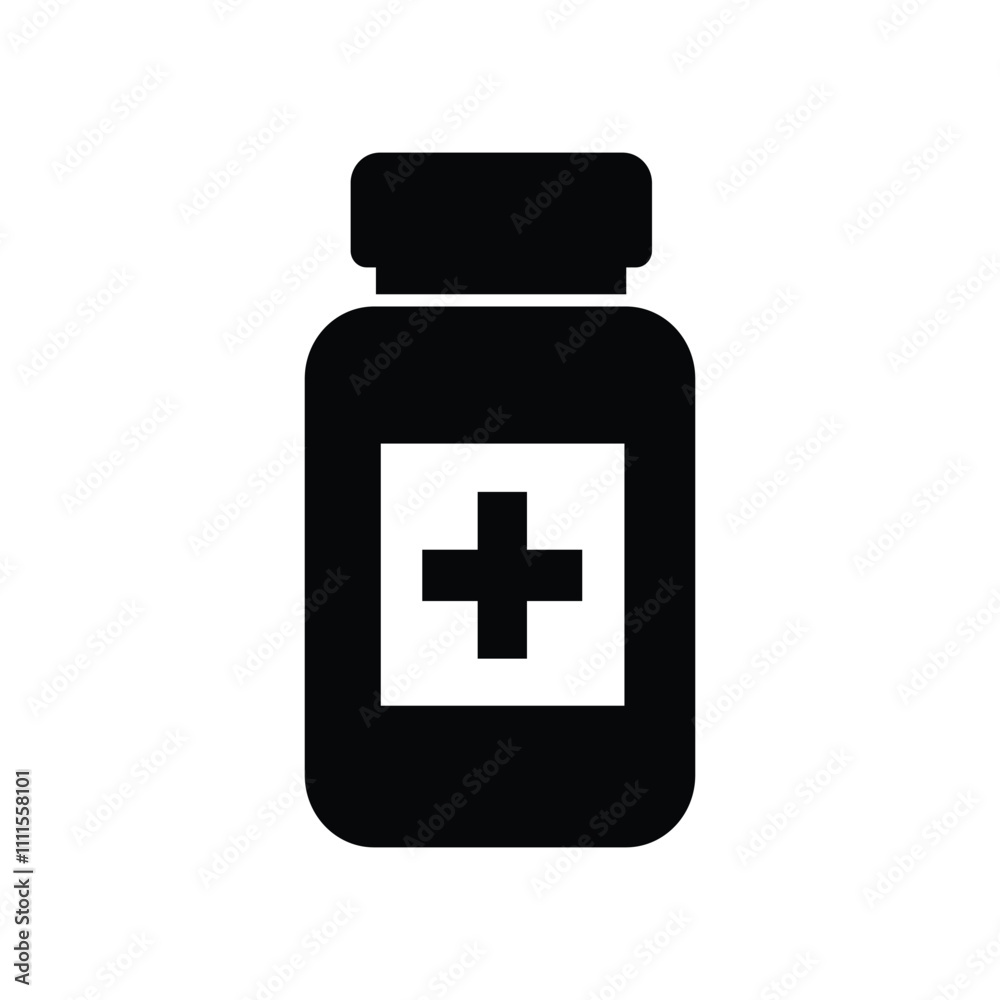 Drugstore. Medicine bottle. Medicament. Black and white icon. Vector illustration Drugstore. Medicine bottle. Medicament. Black and white icon. Vector illustration