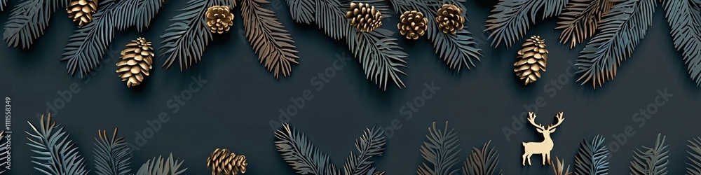 Naklejka premium Deer and pine branches on dark green background. Retro holiday concept for Christmas and New Year. Festive winter design with copy space for greeting card, invitation, banner