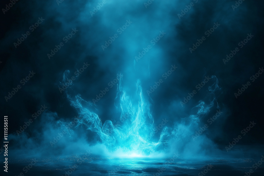 Dark background, glowing blue light on the ground, smoke surrounding the scene, dark fantasy style, game design, concept abstract art. Dark background, glowing blue light on the ground, smoke surrounding the scene, dark fantasy style, game design, concept abstract art.