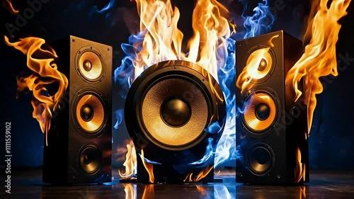 Burning audio speaker surrounded by intense fire, perfect as a dynamic music background loop
