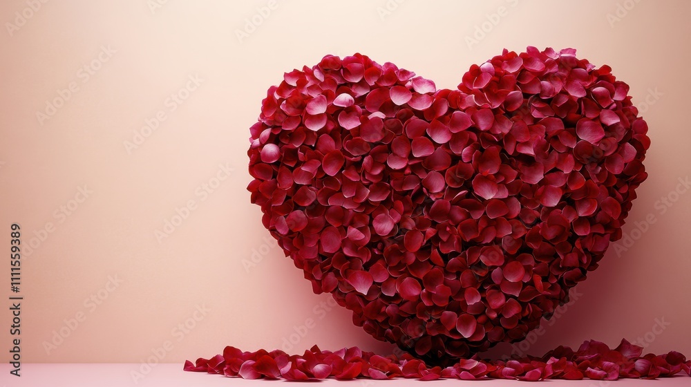 A big red heart made of rose petals leaving copy space in centre and left, lying soft pink background with copy space, Perfect Valentine's day banner template A big red heart made of rose petals leaving copy space in centre and left, lying soft pink background with copy space, Perfect Valentine's day banner template