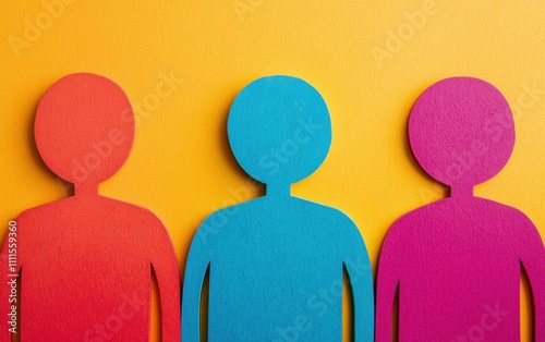 Colorful paper cutouts of three human figures against a vibrant orange background, symbolizing diversity and community. photo