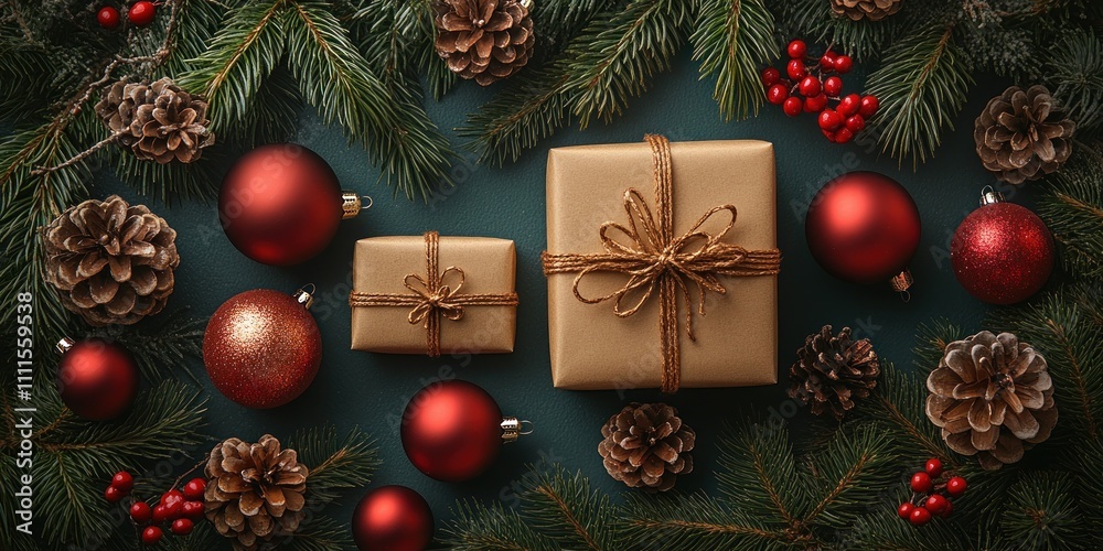 Christmas Decorations with Golden Gift Boxes and Red Ornaments on Pine Branches for Holiday Celebration Christmas Decorations with Golden Gift Boxes and Red Ornaments on Pine Branches for Holiday Celebration