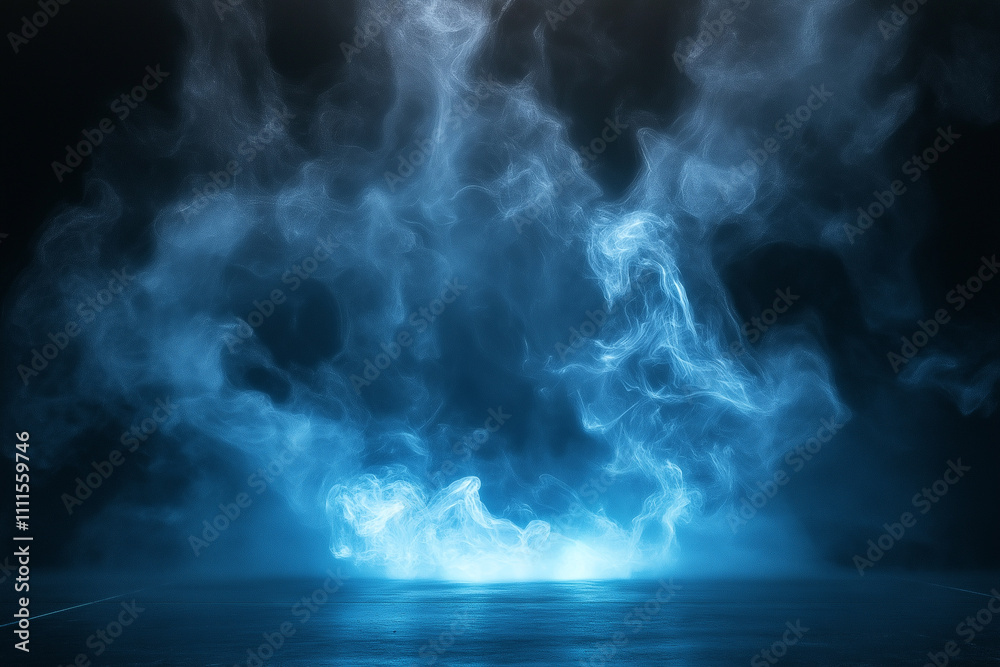 Naklejka premium Dark background, glowing blue light on the ground, smoke surrounding the scene, dark fantasy style, game design, concept abstract art.