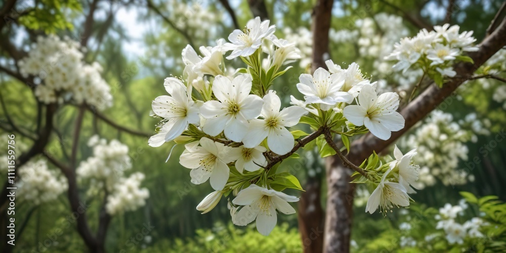 Obraz premium Delicate white blooms on the Wampee tree in the forest surroundings , botanical, white