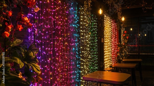 Multicolored fairy lights wrapped around New Yeara??s wall decorations for a party ambiance. photo