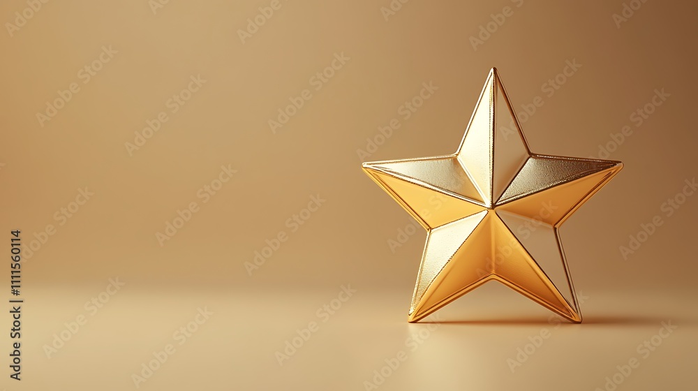 A minimalist golden star ornament with a matte finish, sharp edges, positioned mid-frame on a soft beige background, glowing softly under warm lighting, hd quality, modern and elegant. --ar 16:9 A minimalist golden star ornament with a matte finish, sharp edges, positioned mid-frame on a soft beige background, glowing softly under warm lighting, hd quality, modern and elegant. --ar 16:9