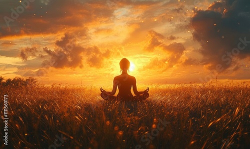 Meditating Woman in Sunset Grass Field