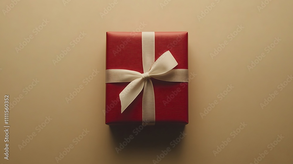 A minimalist red gift box with a pristine white ribbon, centered on a muted beige background, soft ambient lighting enhancing its sharp edges and elegant simplicity, hd quality. --ar 16:9 A minimalist red gift box with a pristine white ribbon, centered on a muted beige background, soft ambient lighting enhancing its sharp edges and elegant simplicity, hd quality. --ar 16:9