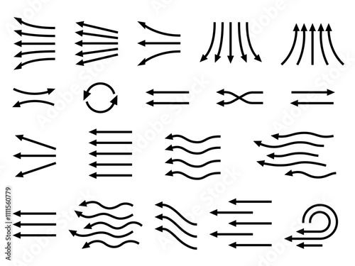 Hand drawn arrow vector icons set. Air flow showing air movement of arrows. Sketch arrow  for business plan and education. Set of arrows black icons. Circle arrows, rotate arrow, redo process symbol.