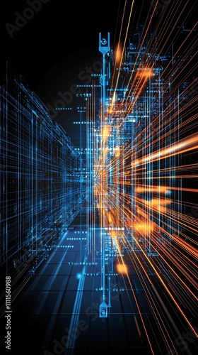 Artistic depiction of light transmission through fiber optics  evoking themes of speed  efficiency  and communication