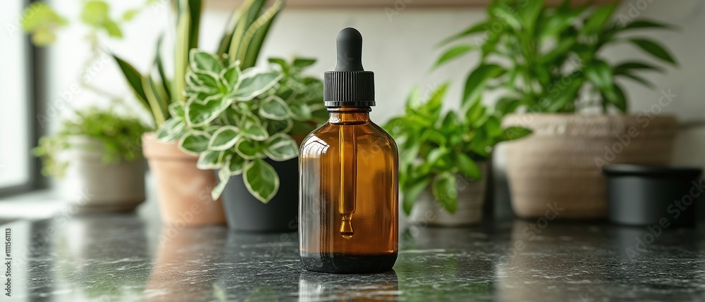 A sleek dropper bottle made of amber glass shines out on a marble bathroom counter. A sleek dropper bottle made of amber glass shines out on a marble bathroom counter.