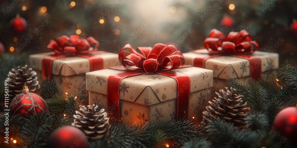Christmas Scene with Gifts Decorations Pine Cones Ornaments Cozy Evening Winter Holidays