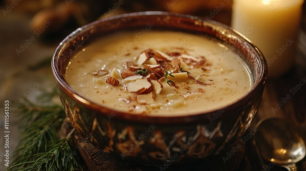 A warm bowl of creamy soup topped with almonds, served in a rustic setting with a candle. A warm bowl of creamy soup topped with almonds, served in a rustic setting with a candle.