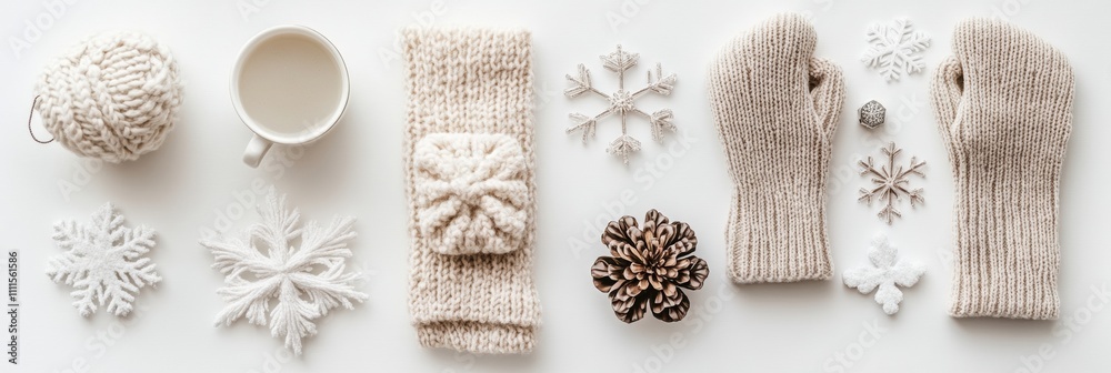 Cozy winter accessories like gloves, a scarf, and snowflakes arranged on a clean white background, perfect for festive designs or messages. Generative AI Cozy winter accessories like gloves, a scarf, and snowflakes arranged on a clean white background, perfect for festive designs or messages. Generative AI